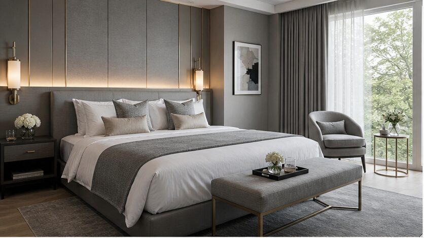 グレーを基調にしたホテルライクな寝室インテリア