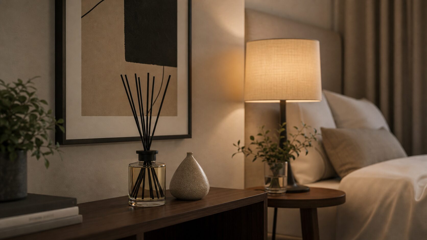 アートとランプの近くにディフューザーを置いた寝室の写真風画像