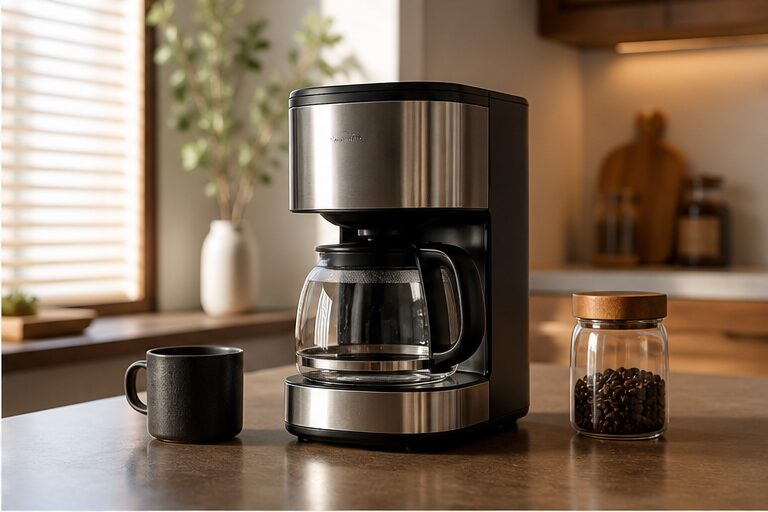 高級コーヒーメーカーのある朝のキッチン写真風イメージ